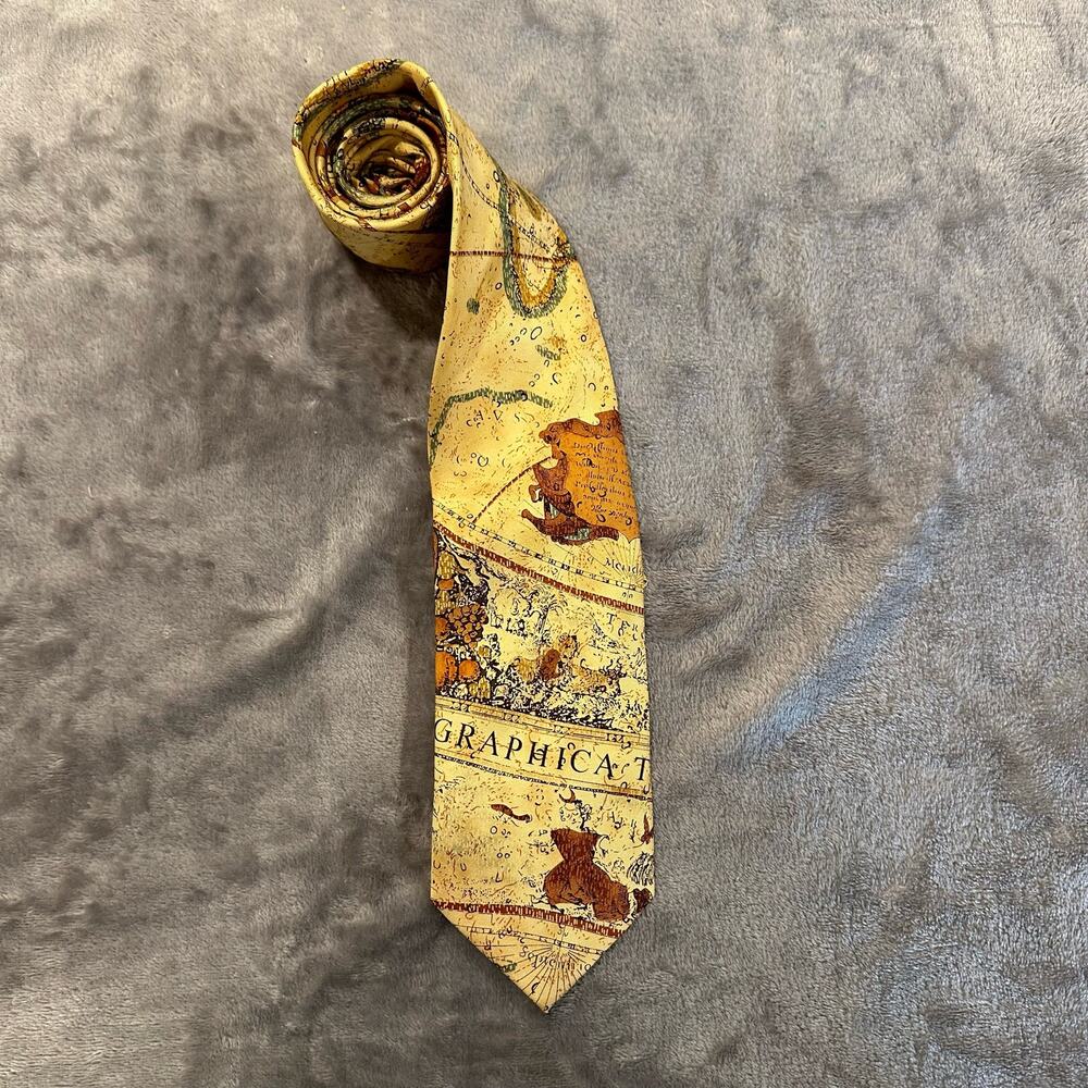 Alynn Neckwear Old World Exploration Silk Necktie Tie Yellow Map Vintage Unique